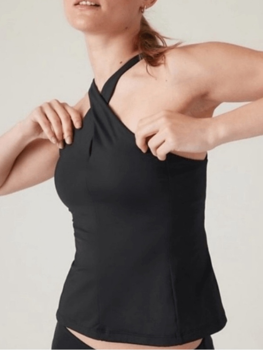 Athleta Black Crossed Halter Tankini Top Swim Minimalist Conservative Size Large
